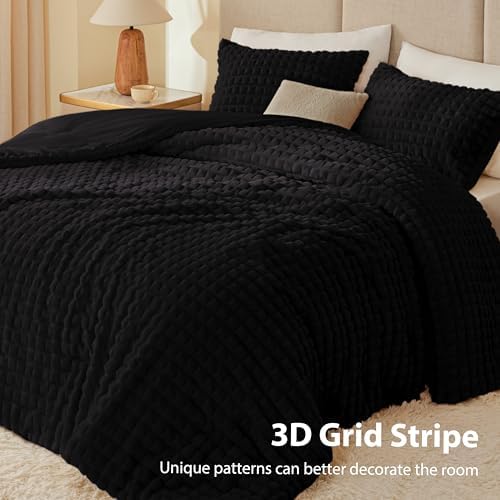 EXQ Home Fluffy Comforter Set King Size - Super Soft Faux Fur 3D Grid Jacquard Comforter 3 Pieces, Black Fleece Bedding Set,Winter Warm Bed Set,1 Comforter with 2 Pillowcases