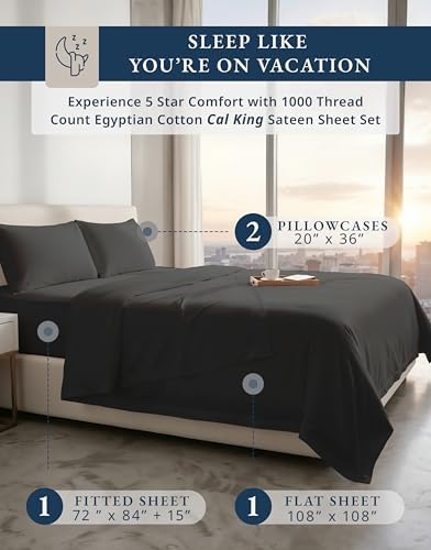LANE LINEN California King Sheet Sets Cooling 100% Egyptian Cotton - Black
