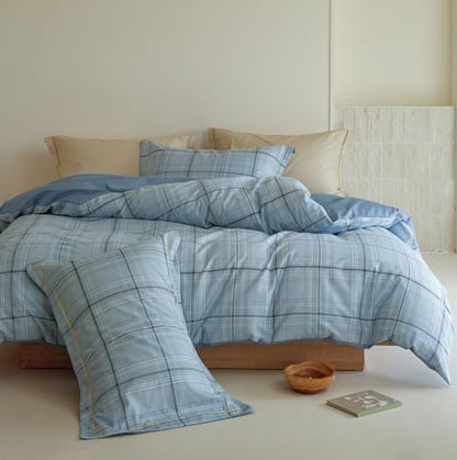 Blue Plaid Comforter Set 3 Pieces - 100% Cotton Grid Gingham Pattern Reversible Comforter Queen Size, Soft and Hypoallergenic Bedding Set