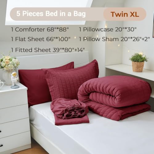 MUXHOMO 5 Pieces Twin XL Comforter Set, Seersucker Bed in a Bag Twin XL Size, All Season Luxury Bedding Set with Comforter, Flat Sheet, Fitted Sheet, Pillowcase & Sham, Burgundy