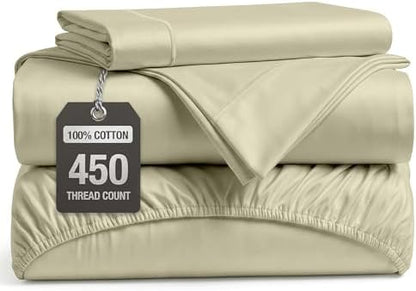 450TC Cotton Twin Sheet Set - Silky Smooth Sateen Weave, Linen