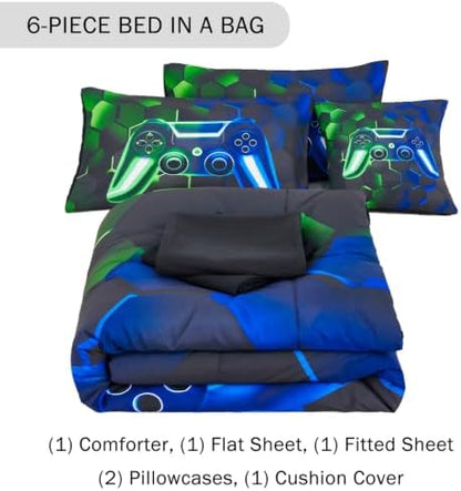 URBONUR 6Pcs Gaming Comforter Set Twin Size for Boys Girls Blue Green