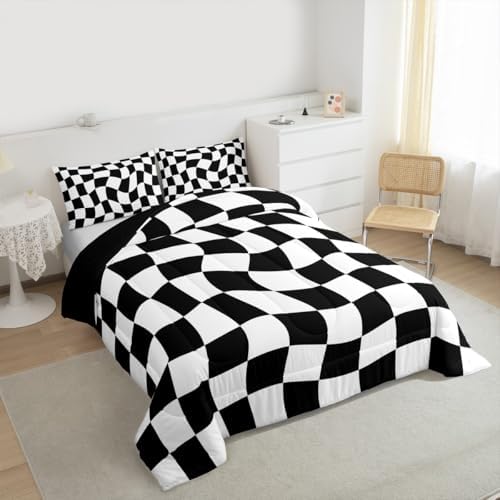 Checkered Comforter Set Full Size Abstract Geometric Bedding Set for Kids Boys Girls Modern Geometric White Black Duvet Quilt Cute Neutral Aesthetic Plaid Bedroom Decor 3 Pcs with 2 Pillow Cases