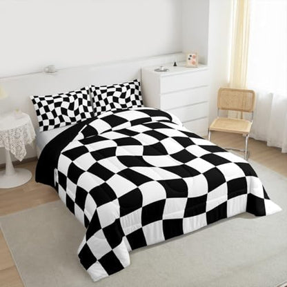 Checkered Comforter Set Twin Size Abstract Geometric Bedding Set for Kids Boys Girls Modern Geometric White Black Duvet Quilt Cute Neutral Aesthetic Plaid Bedroom Decor 2 Pcs with 1 Pillow Cases