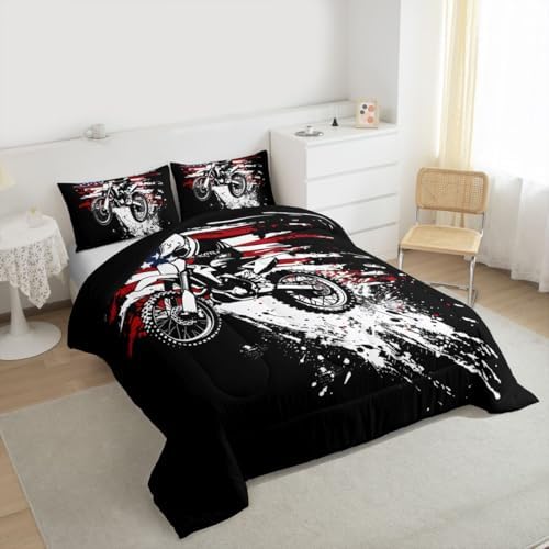 Feelyou Dirt Bike Rider Bedding Set Soft for Boys Girls, Splatter Print Comforter Set Queen Off-Road Racing Duvet Quilt Microfiber Outdoor Sports Bedroom Decor Motocross Art 3 Pcs with 2 Pillow Cases