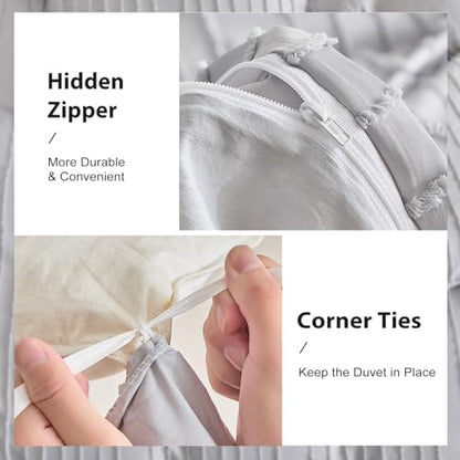 WARMDERN Lightgrey Boho Duvet Cover Queen Size, Striped Tufted Bedding Set