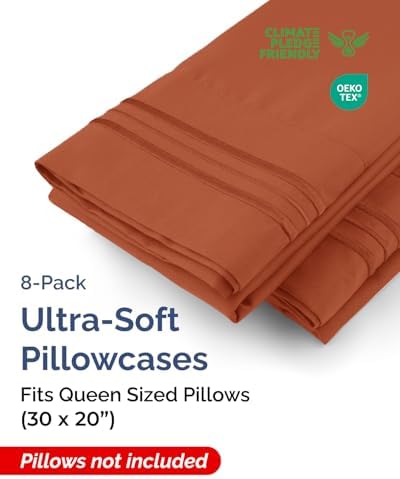 Queen Pillow Cases Set of 8 - Ultra Soft Pillowcase Covers - Terracotta