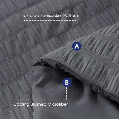 FreshCulture Comforter Set Seersucker 7 Pieces, All Season Bedding Set Queen, Bed in a Bag Comforter Set with 1 Comforter, 1 Flat Sheet, 1 Fitted Sheet, 2 Pillowcases and 2 Pillow Shams, Dark Grey