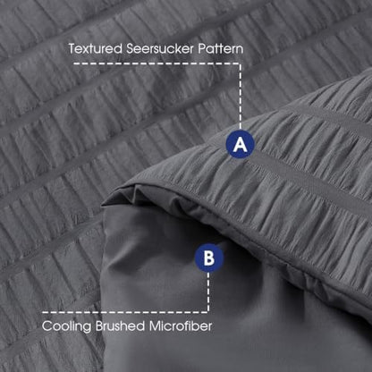 FreshCulture Comforter Set Seersucker 7 Pieces, All Season Bedding Set Queen, Bed in a Bag Comforter Set with 1 Comforter, 1 Flat Sheet, 1 Fitted Sheet, 2 Pillowcases and 2 Pillow Shams, Dark Grey