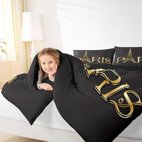 Erosebridal Eiffel Tower Comforter Set, City Building of Paris Bedding Set Queen Size, Gold Black Duvet Sets for Kids Boys Girls Teens Bedroom, Soft Microfiber Bedding Comforters with 2 Pillow Cases