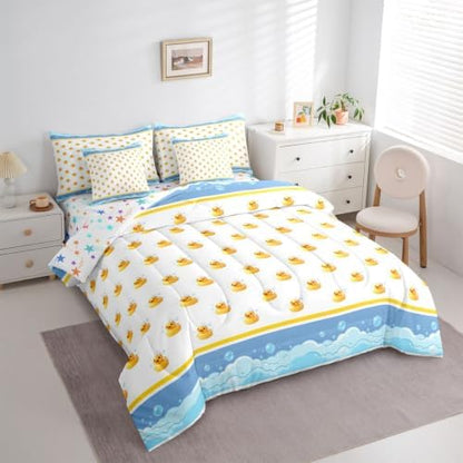 Erosebridal Cartoon Yellow Ducks King Bed in A Bag 7 Piece Kawaii Bubble Rubber Ducks Comforter Set with Sheets Lovely Farmhouse Animal Bedding Sets for Kids Adults,Cute Pet Animal Bed Set