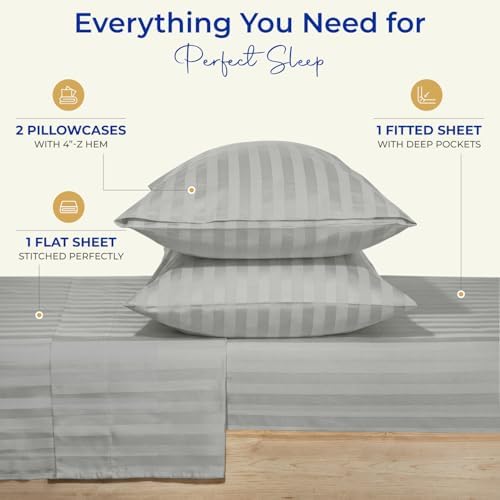 THREAD SPREAD Egyptian Cotton Sheets King Size - 1000 Series High Thread Count Cotton King Size Sheets Set (4 PC, Silver - Stripe), 16" Snug Fit Deep Pocket, Sateen Ultra-Soft Hotel Luxury Sheet Set