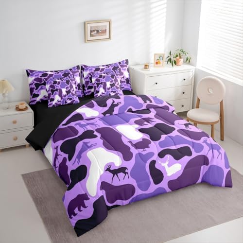 Erosebridal Camo 7 Piece Bedding Set Queen Wolf Deer Comforter Set with Sheets Retro Hound Turkey Bear Theme Bed in a Bag Army Purple Camouflage Woods for Kids Boys Girls