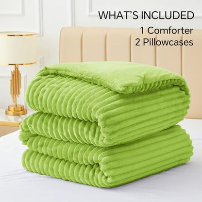 BEDELITE Fleece King Comforter Set, Fluffy Bed Set, Dark Citron