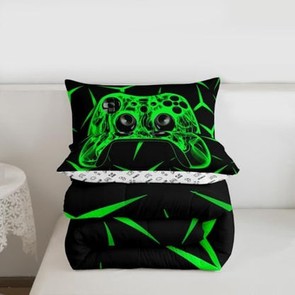 Feelyou Gamer Bedding Set Gamepad Comforter Set for Kids Boys Girls Teens Room Decor Gaming Gifts Comforter Queen Size Game Controller Green Duvet Set 3Pcs