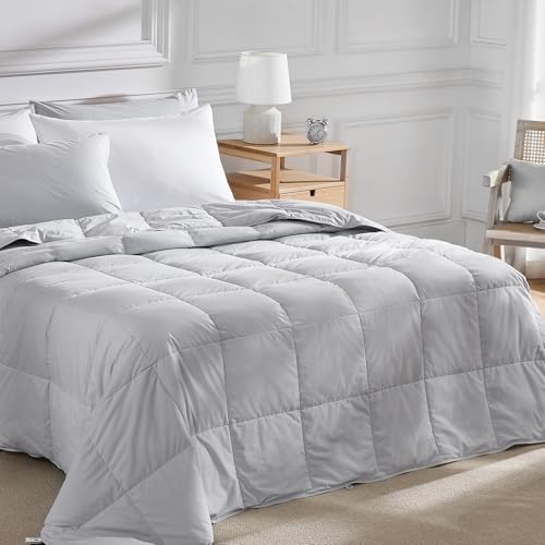 Pacific Coast Lightweight Goose Feather Down Fiber Comforters Twin Size, Summer Duvet Insert, Ultra Soft, Breathable, Hotel Luxury Bedding Comforter with 8 Tabs, Light Grey, 68 x 90 inches