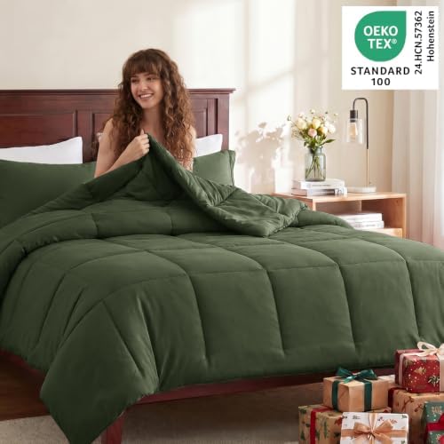 CozyLux Oversized King Comforter Set, 3-Piece Box-Stitched, Olive Green