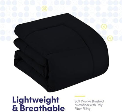 Sweet Home Collection 7 Piece Comforter Set Bag Solid Color All Season Soft Down Alternative Blanket & Luxurious Microfiber Bed Sheets, Black, Queen