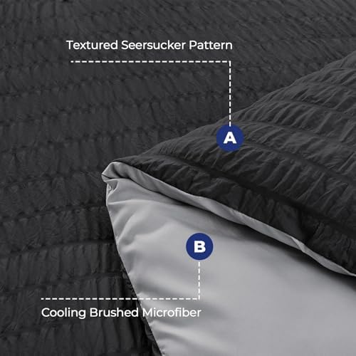 HYMOKEGE Black/Light Grey Queen Comforter Set Seersucker 7 Pieces, All Season Luxury Bed in a Bag Queen for Bedroom, Bedding Set with Comforter, Sheets, Pillowcases & Shams