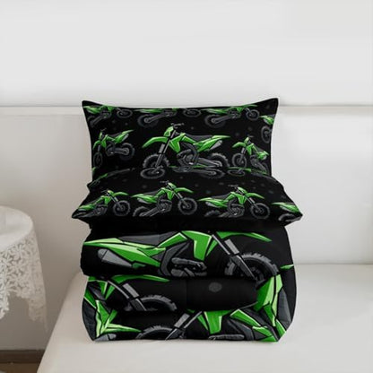 Erosebridal Boys Green Motocross King Bedding Set, Dirt Bike Comforter Set, Racing Motocross Comforter, Cool Motorcycle Black Quilt with 2 Pillowcases for Kids Teens Youth Men Bedroom Decor
