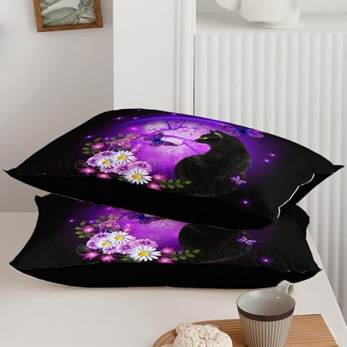 Axolotl Black Cartoon Cat Bedding Comforter Set King,Cute Cat Bedding for Kids,Daisy Butterflies Print Kids Bedding for Boys Girls Adults,Animal Flowers Comforter Set All Season,1 Quilt 2 Pillow Cases