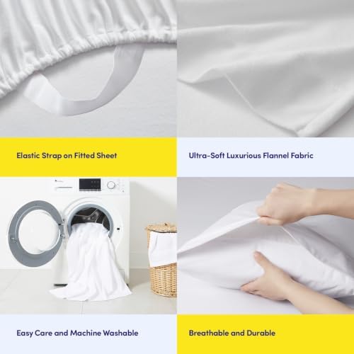 Flannel Sheets Warm and Cozy Deep Pocket Breathable All Season Bedding Set with Fitted, Flat and Pillowcases, Queen, White