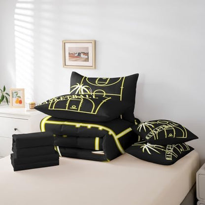 Sport Queen Comforter Set 7 Pieces Basketball Bedding Comforter Sets for Boys, Black Yellow Bed in a Bag Gold Gradient Neon Bedding Set, Sports Themed Bed Sheets Set Breathable (Black Reversible)