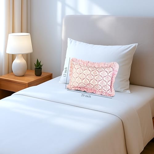 CPC Block Print Blush Rose Ruffle Cotton Lumbar Pillow Cover 12x20 inch