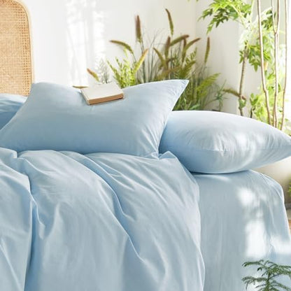 Wake In Cloud - Cotton Duvet Cover Set, 100% Washed Cotton, Linen Like Textured, Breathable Durable Comfy Farmhouse Neutral Bedding Set, 3 Pieces, Sky Blue, Twin/Twin XL Size