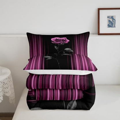 Feelyou Abstract Ombre Comforter Set King Size Kids Romantic Rose Comforter for Boys Girls Teens Purple Pink Bedding Set Geometric Striped Duvet Set Room Decor Quilt Set