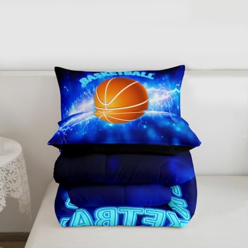 Glowing Basketball Comforter Sets King Size 3D Flame and Lightning Basketball Bedding Set for Kids Boys Teens Bedroom Decor Ball Sports Games Quilted Duvet Cool Blue Duvet Insert,2 Pillowcases