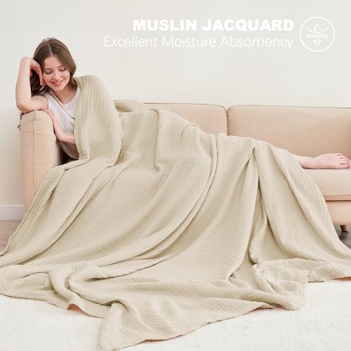 Cosy Family 6 Layer Muslin Bed Blanket - Breathable and Lightweight Gauze Boho Blanket for Spring, Soft 100% Cotton Muslin Blanket, Light Tan, 80x90 Inches