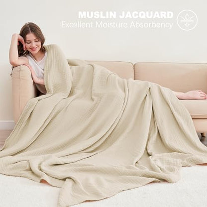 Cosy Family 6 Layer Muslin Bed Blanket - Breathable and Lightweight Gauze Boho Blanket for Spring, Soft 100% Cotton Muslin Blanket, Light Tan, 80x90 Inches