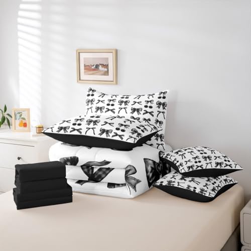 Cherry Bow King Size Comforter Set with Sheets, Black and White Bow Tie 7-Piece Bedding Set Silk Ribbon Bowknot Bed in a Bag, Dreamy Princess Room Decor,Girly Cute Room Decor Aesthetic Kawaii