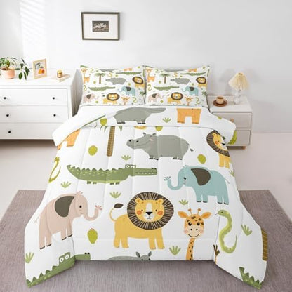 Feelyou Wild Animals Comforter Set Safari Animals Print Comforter for Boys Girls Toddler Cute Hippo Crocodile Lion Bedding Set Kids Cartoon Elephant Giraffe Duvet Set Room Decor Quilt Set Toddler Size