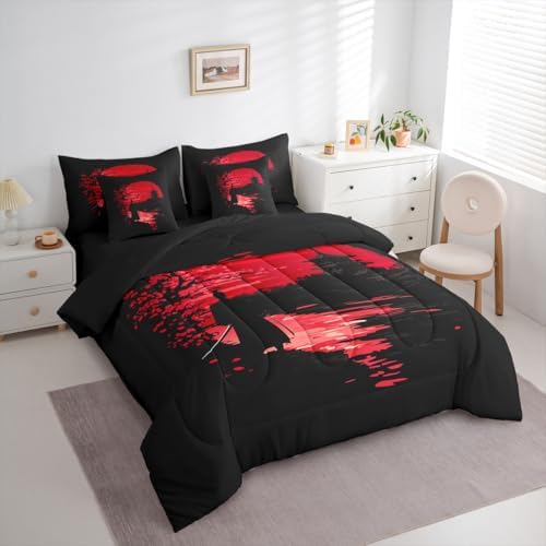 Erosebridal Samurai Full Comforter Set 7 Pieces, Sunset Bed in A Bag for Bedroom, Kids Boys Teens Men Japanese Bedding Set with Comforters, Sheets, Pillowcases Scenery Silhouette Bedroom Decor