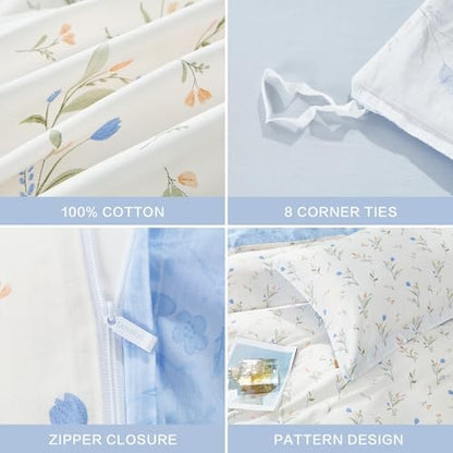 SAPHREAS 2pcs Twin Size Botanical White Duvet Cover Set Blue Floral Bedding Comforter Cover Set 100% Cotton 1 Duvet Cover 68"x90" 1 Pillow Sham, Comforter Not Included