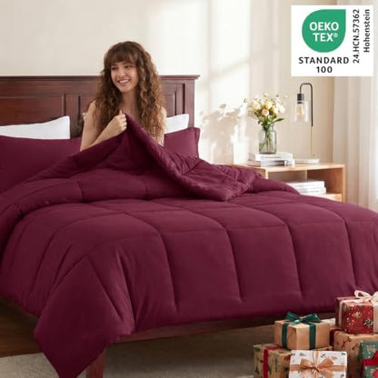 CozyLux Queen Size Comforter Set, 3-Piece Box-Stitched, Burgundy