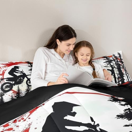 Feelyou Motocross Comforter Set All Season Red Splatter Elements Bedding Set with 2 Pillow Cases Dirt Bike Microfiber Kids Full Bedclothes Motorbike Bedroom Decor Dynamic Racing Scene Duvet Quilt