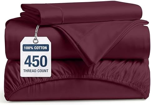 450TC 100% Cotton Twin Single Bed Sheets - Soft Sateen Weave, Windsor Wine