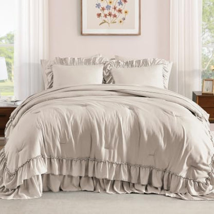 AMBERSPACE Queen Comforter Set Beige Ruffle 7 Pieces Farmhouse Bed in a Bag