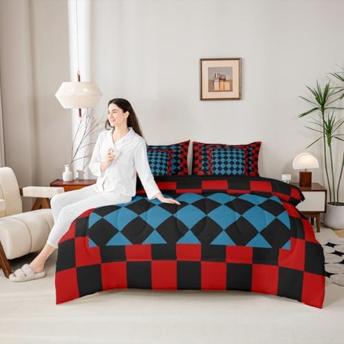 Feelyou Checkered Retro King Comforter Set with Sheets for Kids Boys Girls Red Blue Black Plaid 7 Pieces Bedding Set Geometric Vintage Bed in a Bag Modern Simple Groovy Aesthetic Room Decor Soft