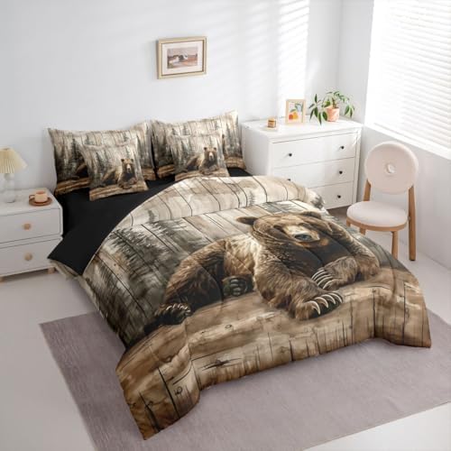 Erosebridal Brown Bear Full Comforter Set with Sheets 7 Piece Rustic Farmhouse Cabin Bed in A Bag Country Hunting Wildlife Bedding Sets for Women Adults Forest Wild Animal Bed Set
