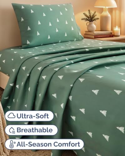 Christmas Sheet Set, Sage Pine Trees, Holiday Xmas Bedding Set - Twin Size