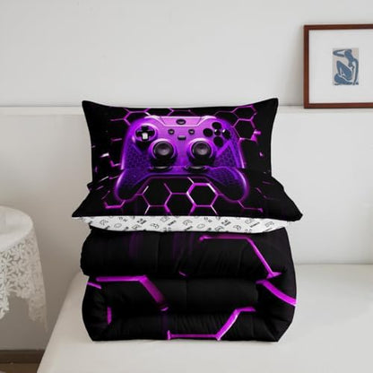 Manfei Geometric Gamepad Comforter Set Queen Size, Modern Gamer Bedding Set 3pcs for Kids Boy Girls Game Room Decor, Purple Honeycomb Gaming Down Comforter Videogame Quilt Set with 2 Pillowcases