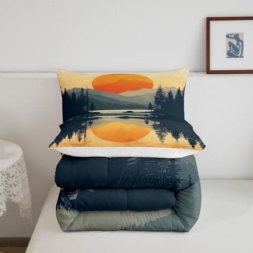 Sunset Comforter Set Full Size,Mountain River Woodland Bedding Set for Kids Teens Adults Room Decor,Nature Scenery Lake House Quilt Set,Japanese Minimalism Style Duvet Insert 3Pcs,2 Pillowcases
