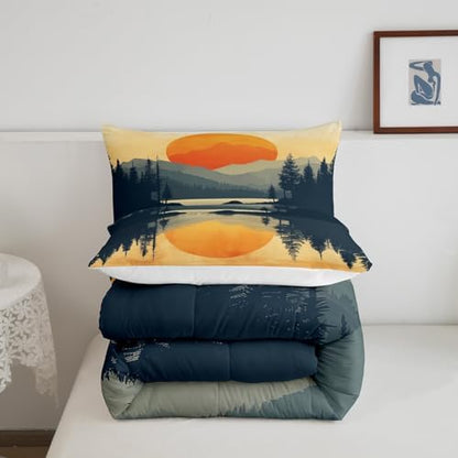 Sunset Bedding Set Twin Size,Mountain River Woodland Comforter Set for Kids Teens Adults Room Decor,Japanese Minimalism Style Duvet Insert 2Pcs,Nature Scenery Lake House Quilt Set,1 Pillowcase