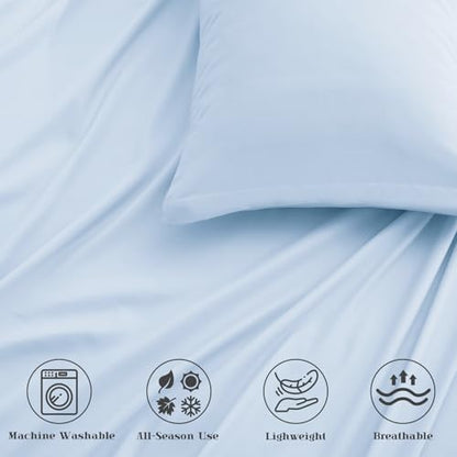 P Pothuiny 5-Piece Split King Sheets Set, Light Blue Soft Microfiber Fabric