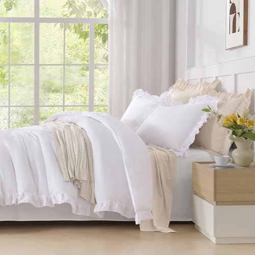 Andency Twin XL Ruffle Comforter Set White, 2 Pieces Solid Bedding Sets