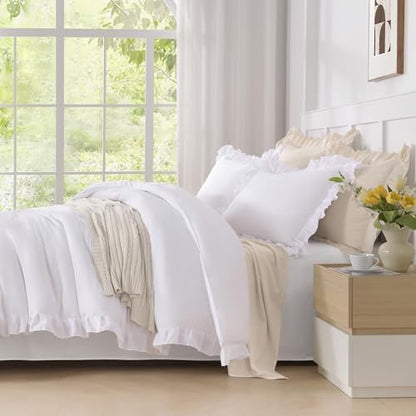 Andency King Size Comforter Set White, 3 Pcs Ruffle Farmhouse Bedding Sets